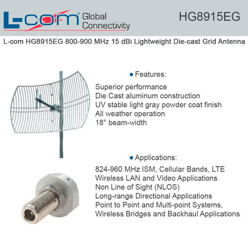 L-Com HG8915EG 824-960 MHz 15 dBi Die-cast Grid Antenna