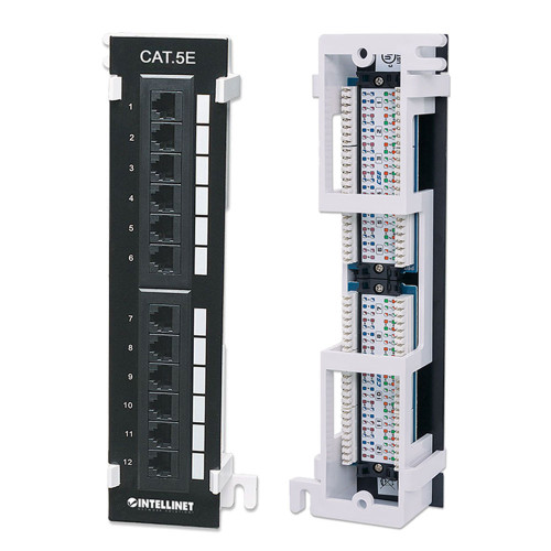 Intellinet 162470 Cat5e 12-Port UTP Wall-Mount Patch Panel, RJ45, 110/Krone Punch-Down, Black