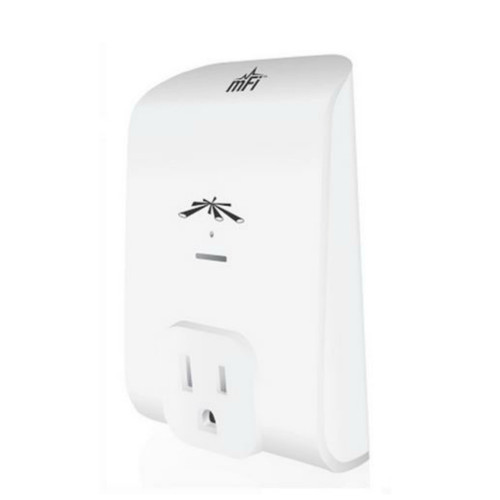 Front view of Ubiquiti mPower Mini featuring a white enclosure with a AC outlet, a reset button, and a status LED indicator