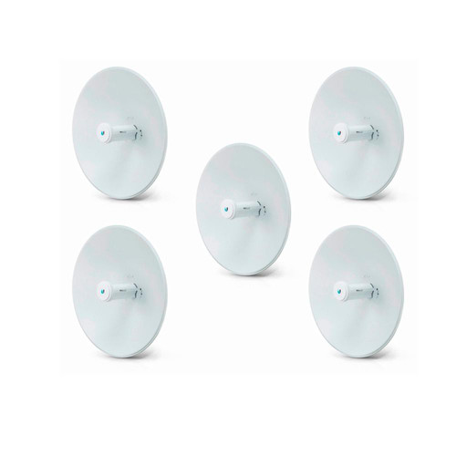 Top-down view of a set of five Ubiquiti PBE-5AC-Gen2-5-US units, with 25 dBi dish reflector