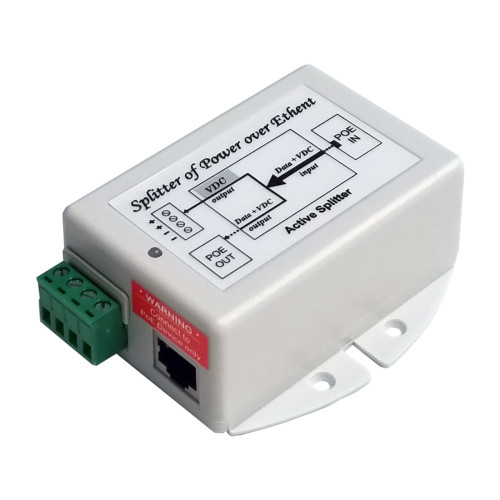 Tycon PoE Splitter. GigE. 48VDC 802.3at PoE Input. 48V 802.3at Passthru PoE out and 24VDC 20W wire terminal output. Max 50W total