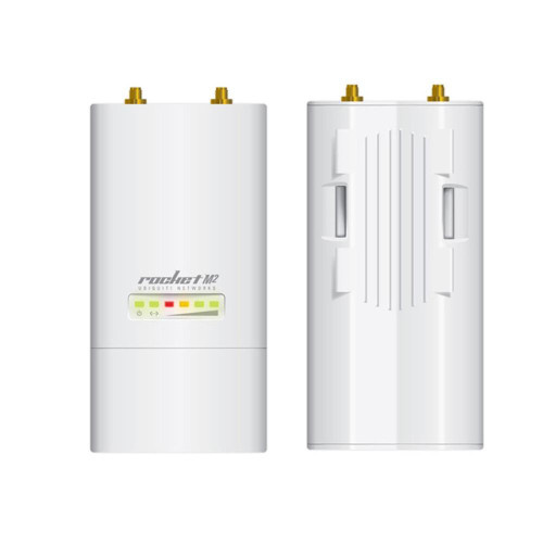 Front and rear view of Ubiquiti RocketM2 with the integrated 2x2 MIMO radio and RP-SMA connectors for antenna attachment
