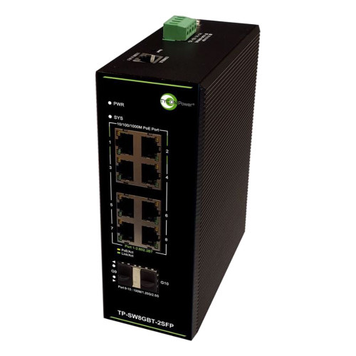 Tycon 10 Port L2+ Manageable GigE Industrial PoE Netwrk Switch, 8x 802.3at/bt PoE + 2x SFP/LC Fiber. 46-57VDC Wire Term IN. -40 to +80C. DIN Rail Mt