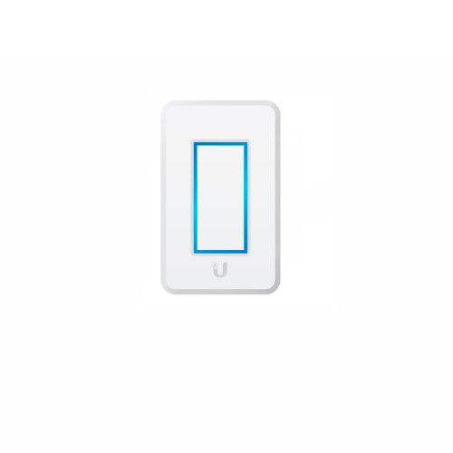 Front view of Ubiquiti UDIM-AT with a capacitive touchpad and blue LED indicator, a reset button and a 10/100 Ethernet port