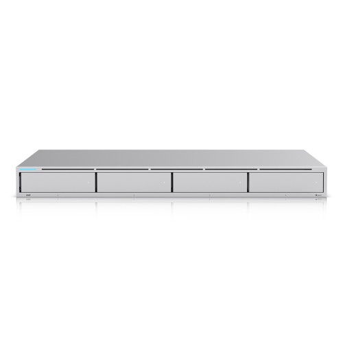 Front view of Ubiquiti UNVR highlighting the sleek, 1U rackmountable design constructed from SGCC steel and  LED indicator