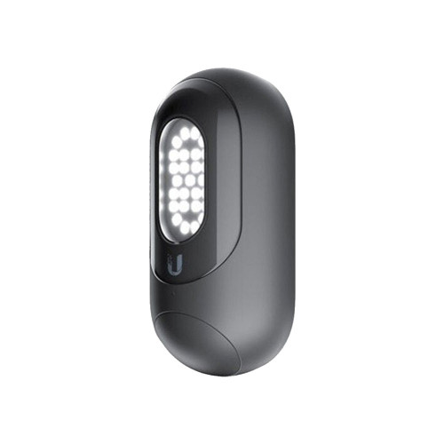 Front view of Ubiquiti UP-Floodlight with integrated red, blue, and white LEDs, a factory reset button and a motion sensor
