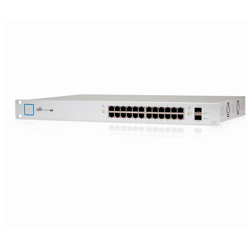 Front view of Ubiquiti US-24-250W with 24 Gigabit Ethernet (RJ45) ports along with (2) 1G SFP ports for fiber uplinks