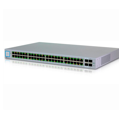 Front view of Ubiquiti US-48 with 48 RJ45 ports along with 2 1G SFP ports and 2 1/10G SFP+ ports for flexible fiber uplinks