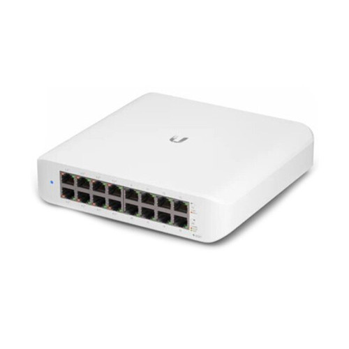 Front view of Ubiquiti USW-Lite-16-POE featuring sixteen Gigabit Ethernet RJ45 ports
