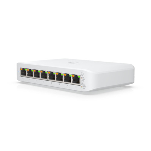 Angled front view of Ubiquiti USW-LITE-8-POE with compact 8-port managed switch and a fanless design