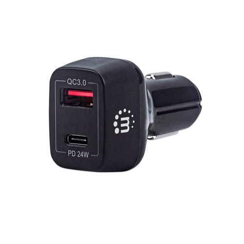 Manhattan 102063 Dual-Port Car Charger with USB-C PD 3.0 and USB-A Quick Charge 3.0