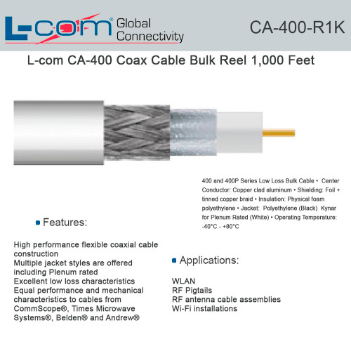 L-Com CA-400-R1K CA-400 Coax Cable Bulk Reel 1,000 Feet