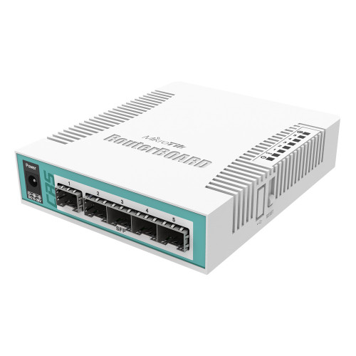 MikroTik CRS106-1C-5S angled front view showing 5 SFP ports, Gigabit combo port, power input, and desktop fiber switch enclosure
