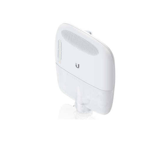 Angled front view of Ubiquiti EP-S16 highlighting its robust, die-cast aluminum alloy and UV-resistant polycarbonate enclosure