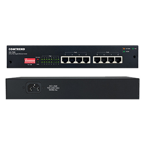Comtrend GS-7508 front and rear view showing 8 Gigabit PoE RJ45 ports, DIP switch panel, LED indicators, and AC power input