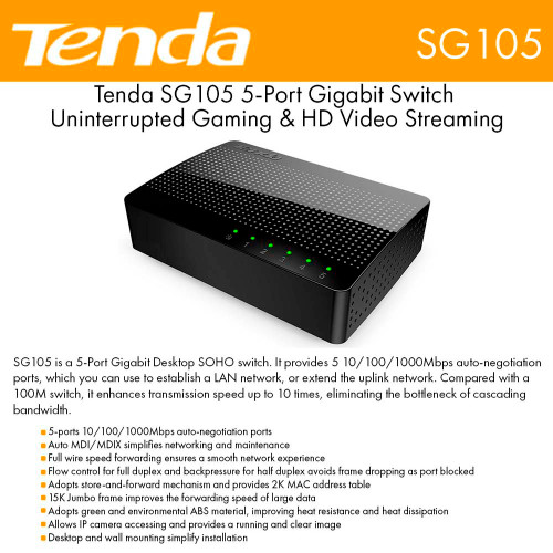 Tenda SG105 5-Port Gigabit Switch Uninterrupted Gaming & HD Video Streaming