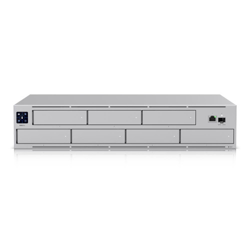 Front view of Ubiquiti UNVR-Pro with a 1.3-inch LCM color touchscreen