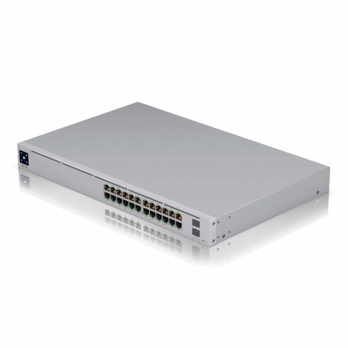 Angled front view of Ubiquiti USW-Pro-24-POE highlighting its sleek design and the arrangement of the 24 Ethernet ports