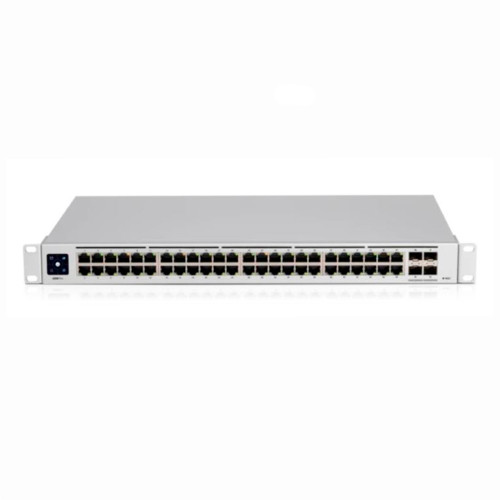 Front view of Ubiquiti USW-Pro-48 featuring 48 Gigabit Ethernet RJ45 ports and four 10G SFP+ ports