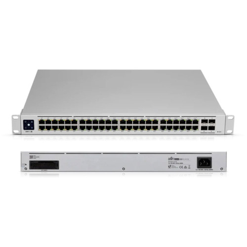 Front view of Ubiquiti USW-PRO-48-POE with 48 Gigabit Ethernet ports and 4 SFP+ ports