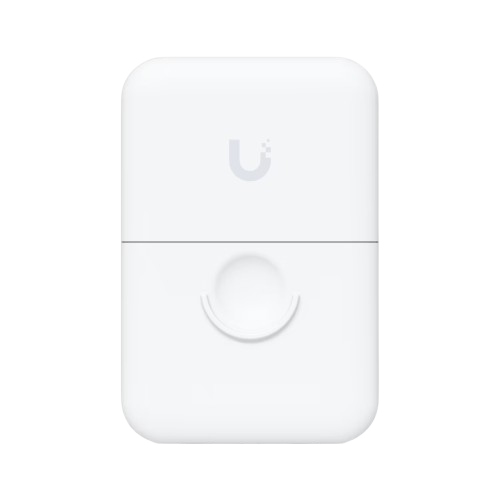 Front view of Ubiquiti ETH-SP-G2 with two RJ45 Ethernet ports on each side and grounding point at the top center