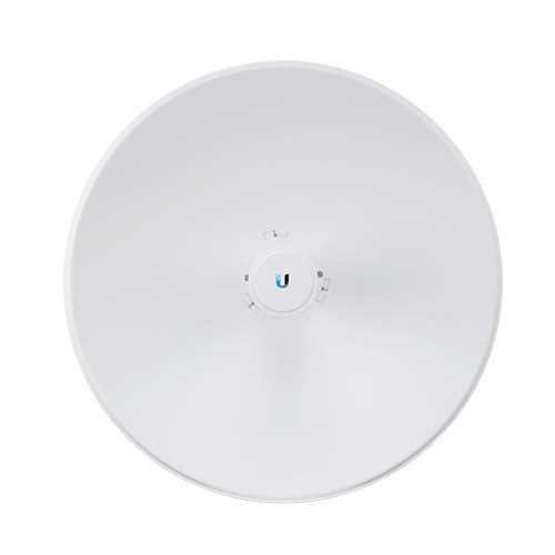 Front view of Ubiquiti PBE-5AC-Gen2 with an integrated 25 dBi dish reflector and a central antenna feed