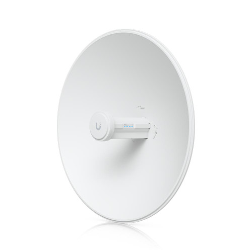 Ubiquiti PBE-5AC-Gen2-US PowerBeam 5AC Gen2 angled front view with 25 dBi dish reflector and integrated airMAX AC radio