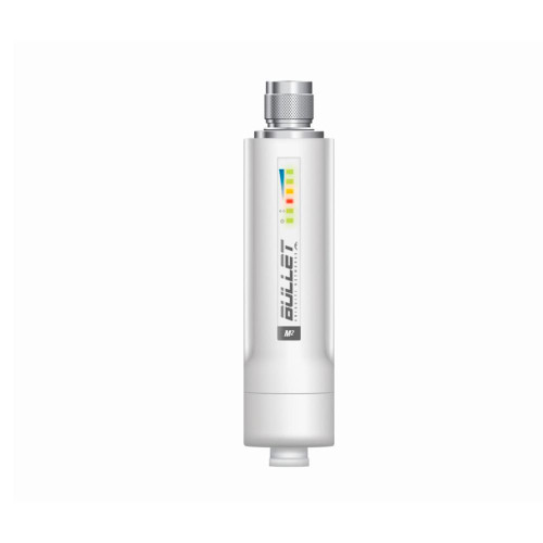 Front view of Ubiquiti BulletM2-HP-US designed for PtP and PtMP applications with integrated N-type male RF connector