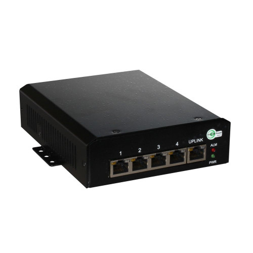 Tycon 5 Port 360W Gigabit 802.3bt PoE Switch. 802.3bt 90W Output on 4 ports. 53-57VDC wire term IN. Uplink port accepts 802.3bt 70W