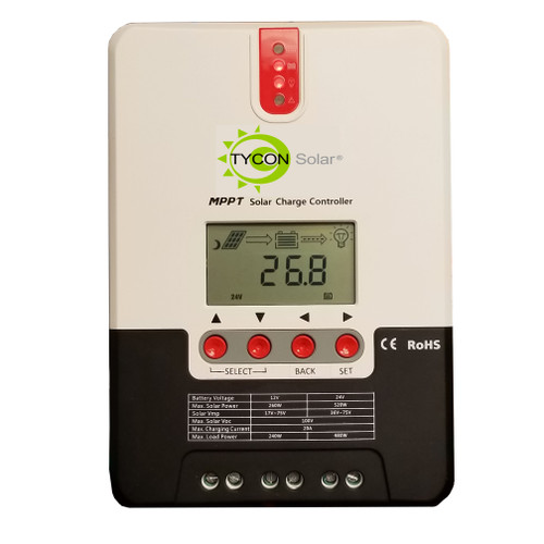Tycon Solar MPPT Battery Charging Controller. Auto Voltage. 12/24V Battery. 40A Load. 40A Solar. Negative Ground