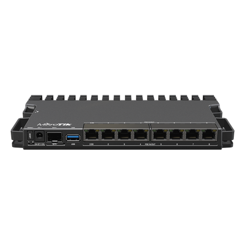 MikroTik RB5009UPr+S+IN front view showing 8 PoE Ethernet ports, 2.5G port, 10G SFP+ cage, USB 3.0, and DC power input
