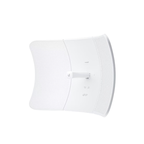 Front view of Ubiquiti LBE-5AC-XR-US with an integrated 29 dBi antenna and a central mounting point for easy installation