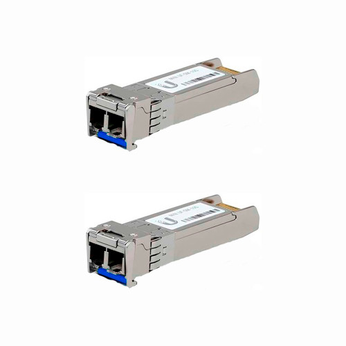 Front view of Ubiquiti UACC-OM-SM-10G-D-2 featuring a duplex LC UPC connector, designed for 10 Gbps data rates