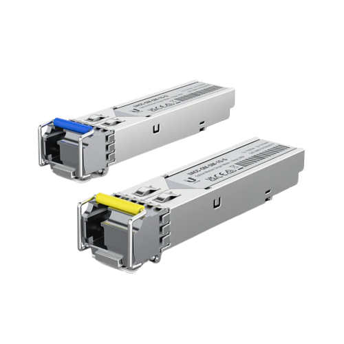 Front view of Ubiquiti UACC-OM-SM-1G-S-2 with a  LC UPC connector, designed for 1.25 Gbps bidirectional data transmission