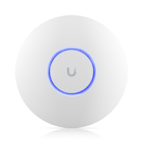 Front view of Ubiquiti U6-LR-US featuring a sleek white enclosure with a centrally located LED ring indicator