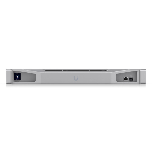 "Front view of Ubiquiti CK-Enterprise featuring an aluminum finish with a 1.3"" touchscreen display"