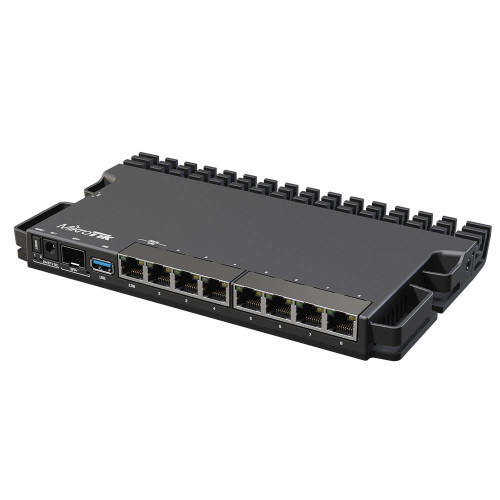 Front view of MikroTik RB5009UG+S+IN wired router with Ethernet ports and SFP+ connectivity