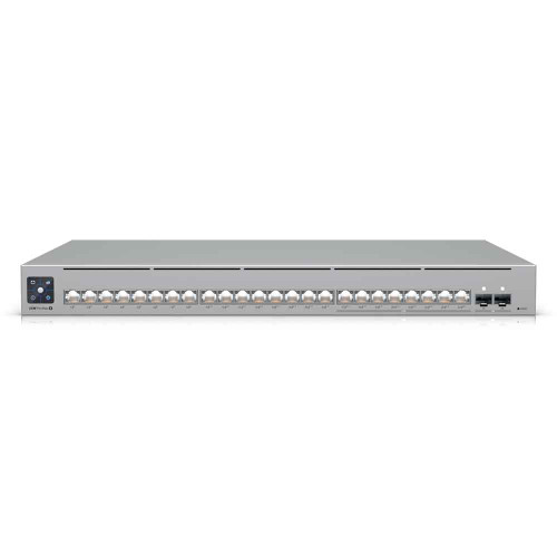 Front view of Ubiquiti USW-PRO-MAX-24 with 24 Ethernet ports, 2 10G SFP+ ports and a 1.3-inch touchscreen