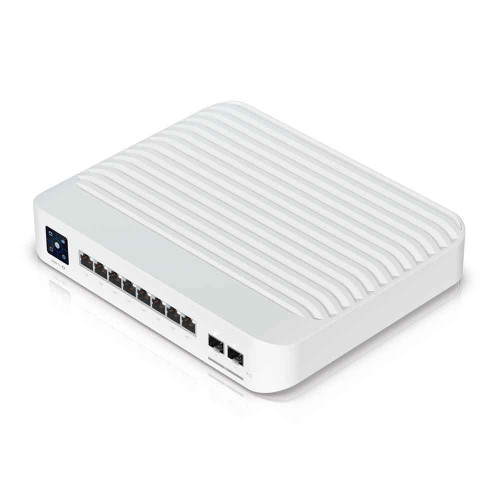 Top-down view of Ubiquiti USW-Pro-8-POE with 6 RJ45 PoE+ ports, 2 RJ45 PoE++ ports, and 2 10G SFP+ ports