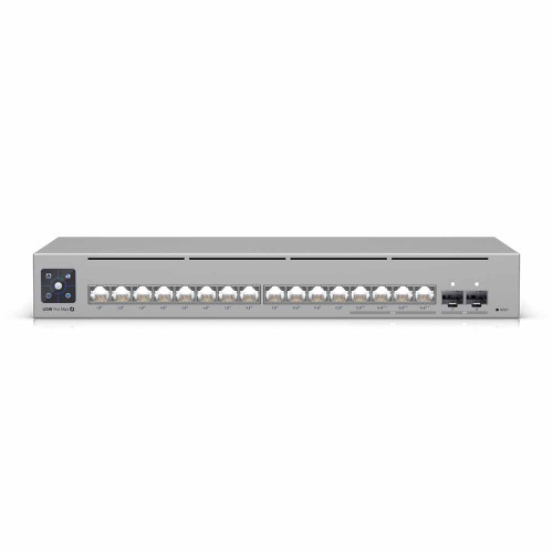 Front view of Ubiquiti USW-Pro-Max-16-POE with 12 RJ45 PoE+ ports, 4 2.5 RJ45 PoE++ ports, and 2 10G SFP+ ports