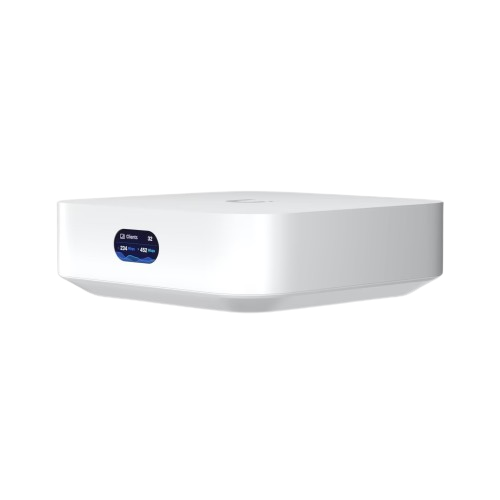 Angled front view of Ubiquiti UX-US with a 0.96-inch LCM status display and a factory reset button