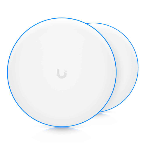 Front view of Ubiquiti UBB-XG-US with a cylindrical design with a white finish and blue LED accent