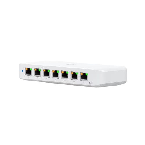 Front view of Ubiquiti USW-Ultra-60W with 7 RJ45 PoE+ output ports and 1 RJ45 port with optional PoE++ input
