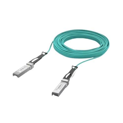 Top down view of Ubiquiti UACC-AOC-SFP10-5M active optical cable with SFP+ connectors on both ends
