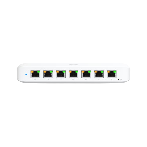 Front view of Ubiquiti USW-Ultra-210W highlighting its sleek design and front-facing 8 GbE PoE ports