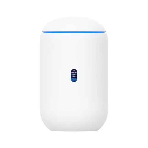 "Front view of Ubiquiti UDR7 highlighting the 0.96"" LCD status display and blue LED ring indicator"