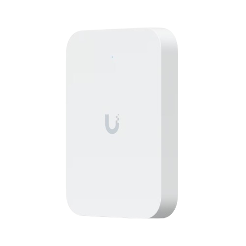 Front view of Ubiquiti U7-IW-US featuring a centrally located system LED indicator, a factory reset button, and built-in Bluetooth