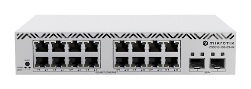 MikroTik CSS318-16G-2S+IN front view showing 16 Gigabit Ethernet ports and 2 SFP+ uplink ports