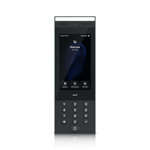 Ubiquiti UA-G3-Intercom front view with 7-inch touchscreen, camera, keypad, NFC reader, and doorbell button