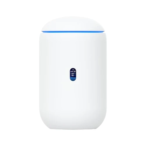 Ubiquiti UDR7-US UniFi Dream Router 7 front view with WiFi 7 gateway, LCM display, and blue status LED